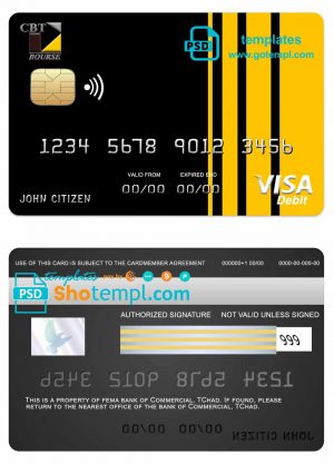 editable template, Chad Commercial bank visa card template in PSD format, fully editable