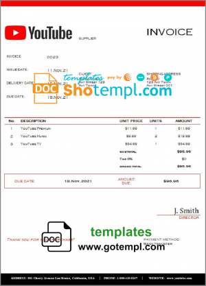editable template, USA Youtube invoice template in Word and PDF format, fully editable