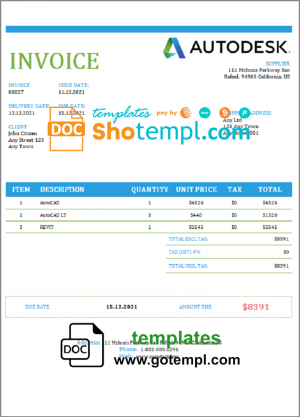 editable template, USA Autodesk invoice template in Word and PDF format, fully editable