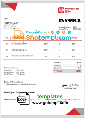 editable template, USA Pinduoduo  invoice template in Word and PDF format, fully editable