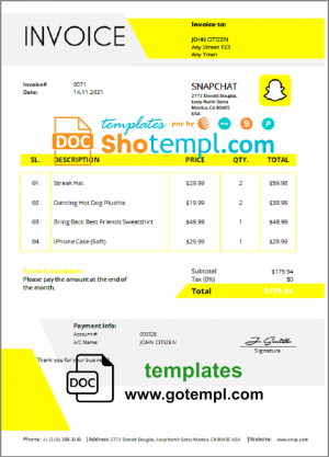 editable template, USA Snapchat invoice template in Word and PDF format, fully editable