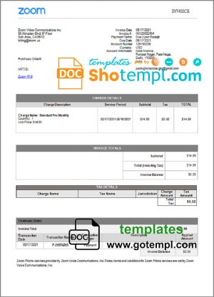 editable template, USA Zoom invoice template in Word and PDF (.doc and .pdf) format