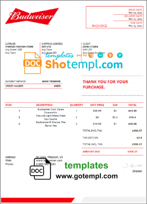 editable template, USA Budweiser invoice template in Word and PDF format, fully editable