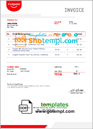 editable template, USA Colgate invoice template in Word and PDF format, fully editable
