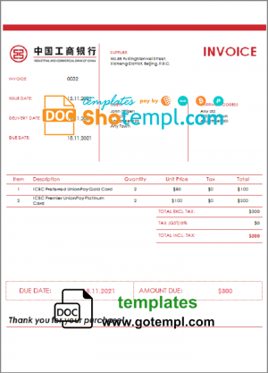 editable template, USA ICBC invoice template in Word and PDF format, fully editable
