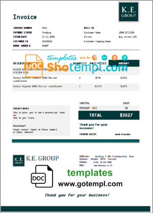 editable template, USA KE Group invoice template in Word and PDF format, fully editable