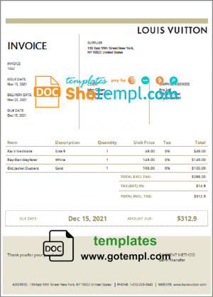 editable template, USA Louis Vuitton invoice template in Word and PDF format, fully editable