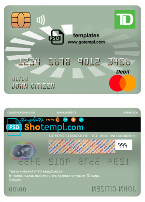 editable template, Canada TD bank mastercard debit card template in PSD format, fully editable