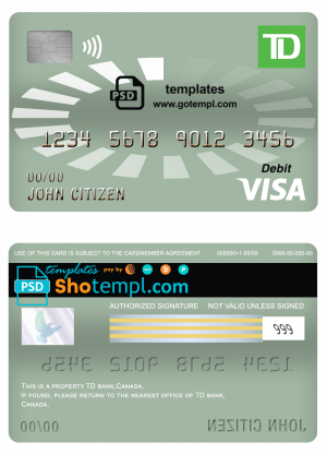 editable template, Canada TD bank visa debit card template in PSD format, fully editable