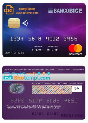 editable template, Chile BICE bank mastercard credit card template in PSD format, fully editable