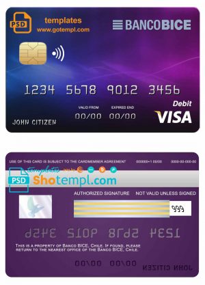 editable template, Chile BICE bank visa credit card template in PSD format, fully editable