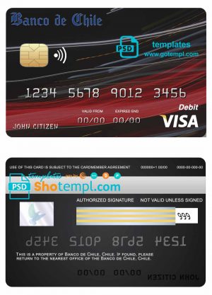 editable template, Chile Banco de Chile bank visa credit card template in PSD format, fully editable
