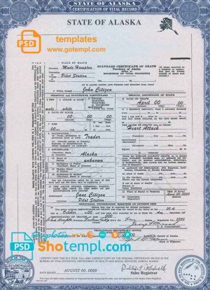 editable template, USA Alaska state death certificate template in PSD format, fully editable