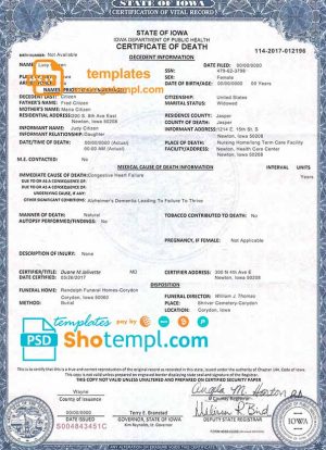 editable template, USA Iowa state death certificate template in PSD format, fully editable