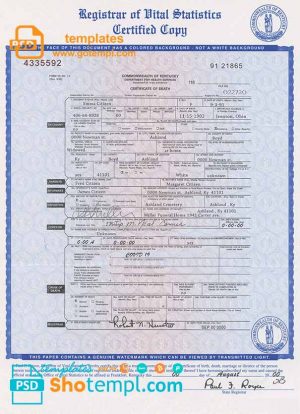 editable template, USA Kentucky state death certificate template in PSD format, fully editable
