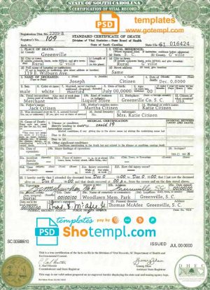 editable template, USA South Carolina state death certificate template in PSD format, fully editable