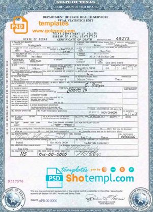 editable template, USA Texas state death certificate template in PSD format, fully editable, version 2