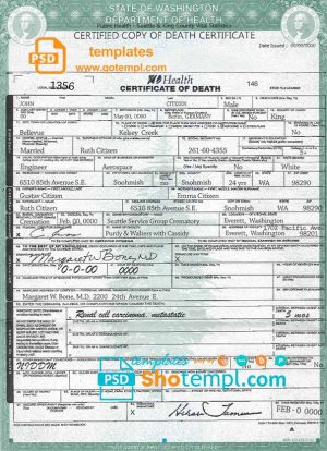 editable template, USA Washington state death certificate template in PSD format, fully editable, version 2