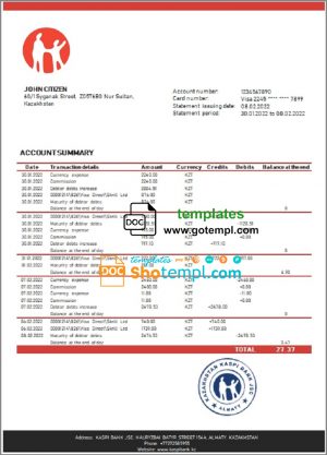 editable template, Kazakhstan Kaspi Bank statement template in Word and PDF format