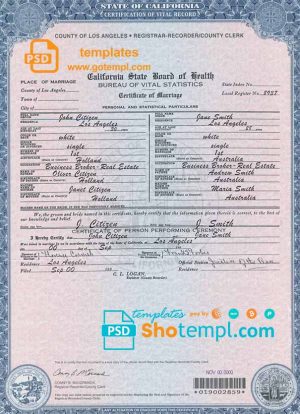 editable template, USA California Marriage Certificate template in PSD format