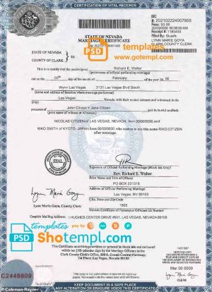 editable template, USA Nevada state marriage certificate template in PSD format, fully editable