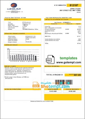 editable template, Peru Luz de Sur utility bill template in Word and PDF format, fully editable