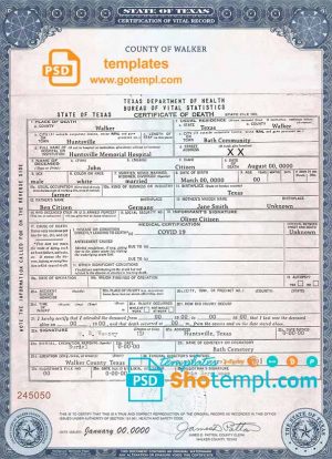 editable template, USA Texas state death certificate template in PSD format, fully editable