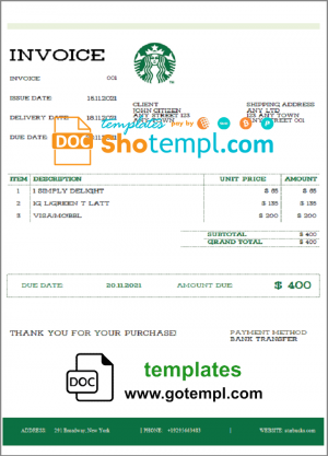 editable template, USA Starbucks invoice template in Word and PDF format, fully editable