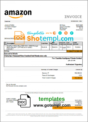 editable template, USA Amazon invoice template in Word and PDF format, fully editable