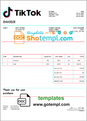 editable template, USA Tik Tok invoice template in Word and PDF format, fully editable