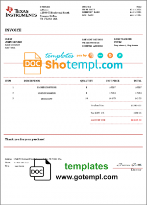 editable template, USA Texas Instruments invoice template in Word and PDF format, fully editable