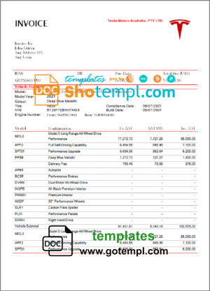 editable template, USA Tesla invoice template in Word and PDF format, fully editable