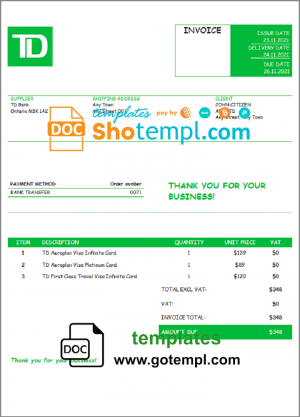 editable template, USA TD invoice template in Word and PDF format, fully editable