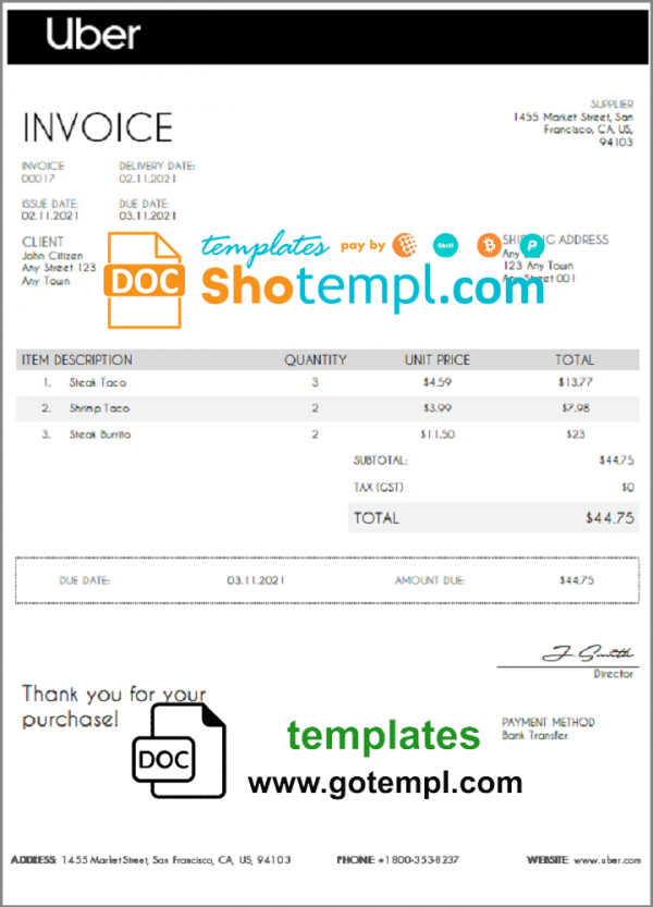 editable template, USA Uber invoice template in Word and PDF format, fully editable