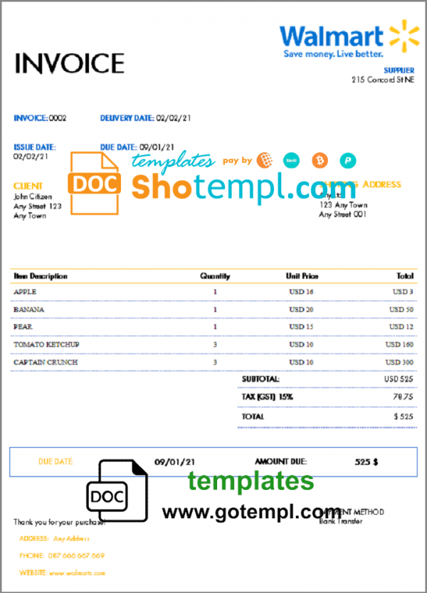 editable template, USA Walmart invoice template in Word and PDF format, fully editable