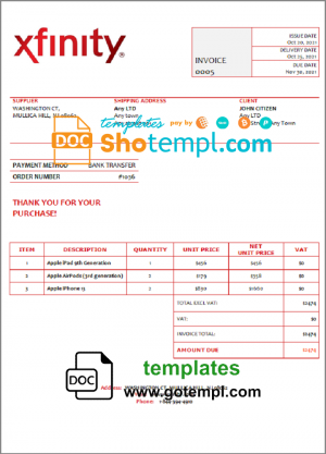 editable template, USA Xfinity invoice template in Word and PDF format, fully editable