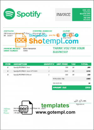 editable template, USA Spotify invoice template in Word and PDF format, fully editable