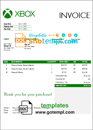 editable template, USA Xbox invoice template in Word and PDF format, fully editable
