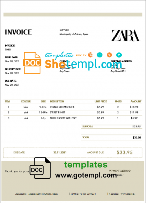editable template, USA ZARA invoice template in Word and PDF (.doc and .pdf) format