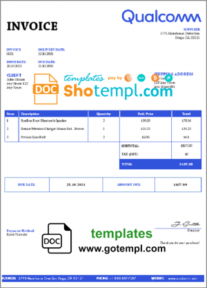 editable template, USA Qualcomm invoice template in Word and PDF (.doc and .pdf) format