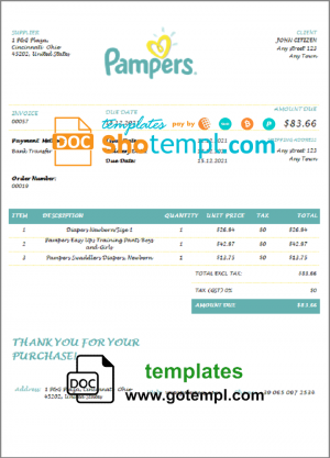 editable template, USA Pampers invoice template in Word and PDF format, fully editable