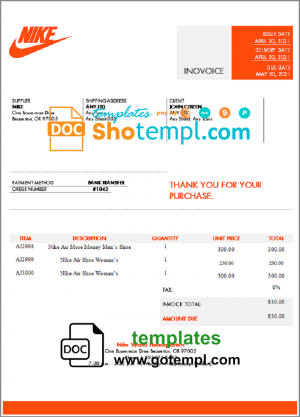 editable template, USA Nike invoice template in Word and PDF format, fully editable