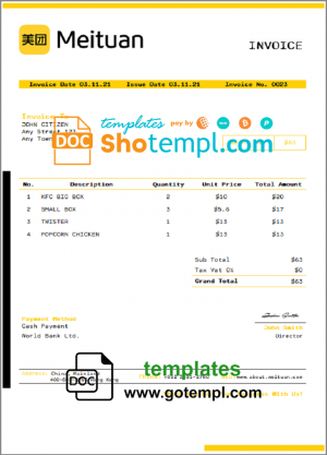 editable template, USA Meituan invoice template in Word and PDF format, fully editable