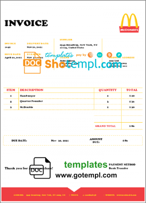 editable template, USA Mcdonald's invoice template in Word and PDF format, fully editable