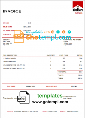editable template, USA Marlboro invoice template in Word and PDF format, fully editable