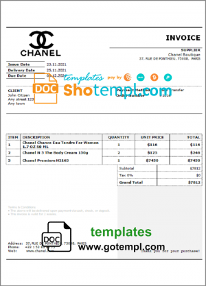 editable template, USA Chanel invoice template in Word and PDF format, fully editable