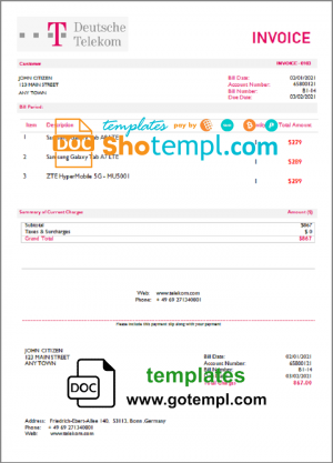 editable template, USA Deutsche Telecom invoice template in Word and PDF format, fully editable