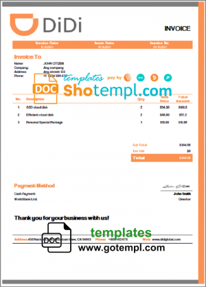 editable template, USA Didi Chuxing invoice template in Word and PDF format, fully editable