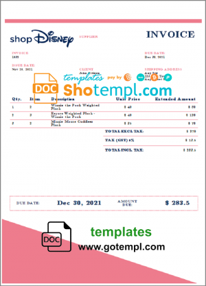 editable template, USA Disney invoice template in Word and PDF format, fully editable