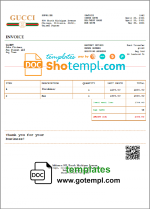 editable template, USA Gucci invoice template in Word and PDF format, fully editable